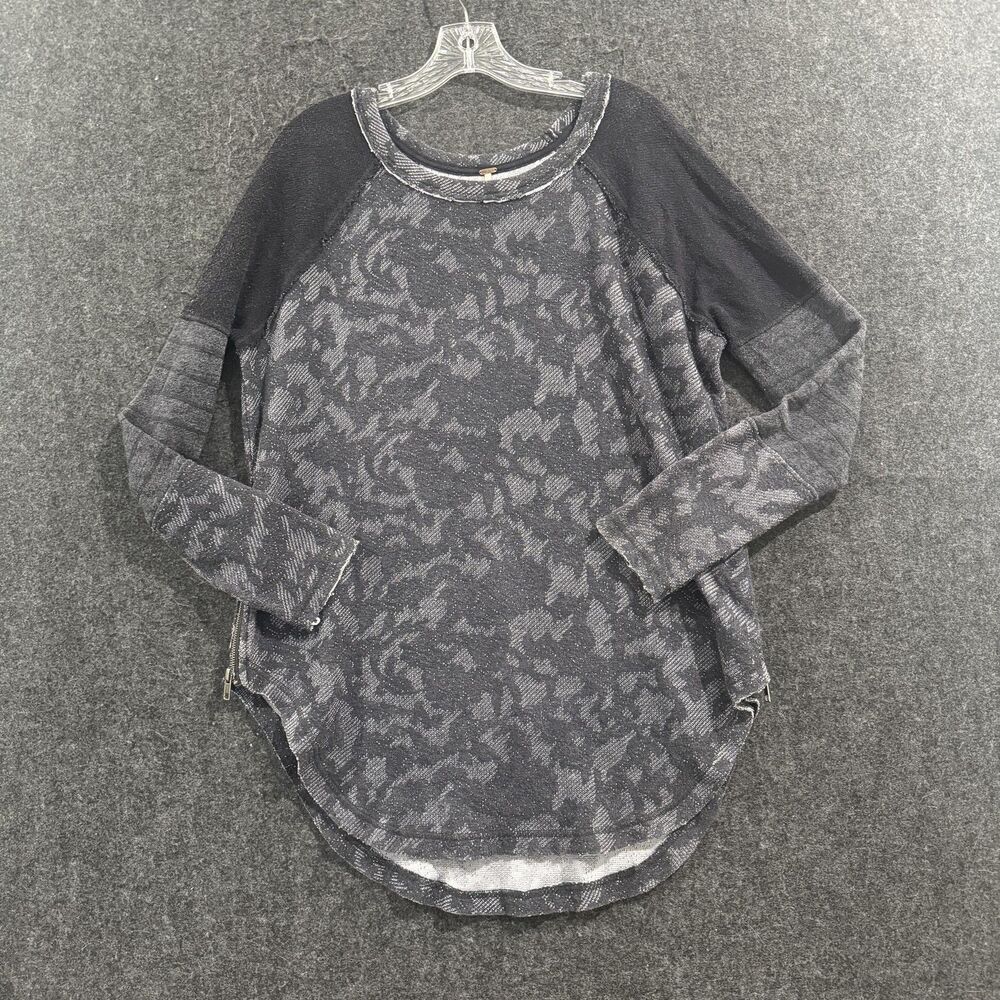 Free People Sweater Women's Extra Small Gray Black Raglan Side Zip High Low
